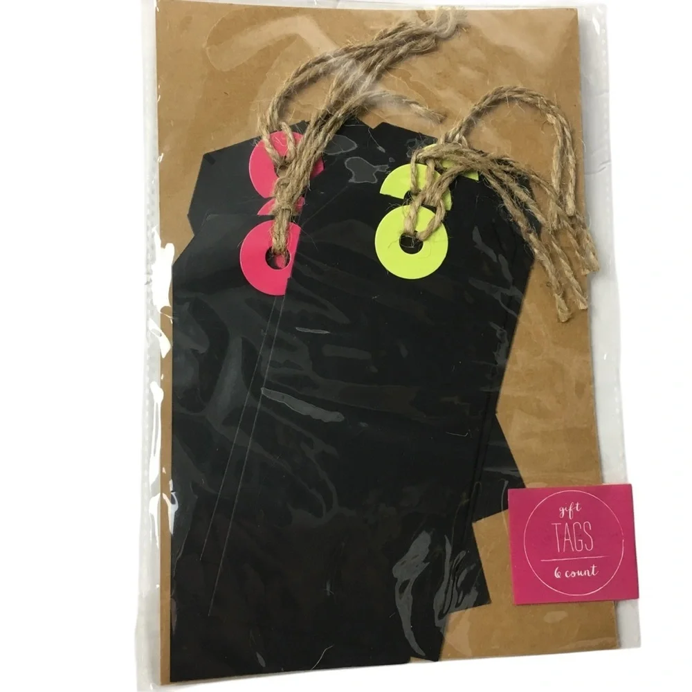 GIFT TAGS Black Chalk Neon Jute Strings 24 Total Die Cut Labeling Organizing NWT